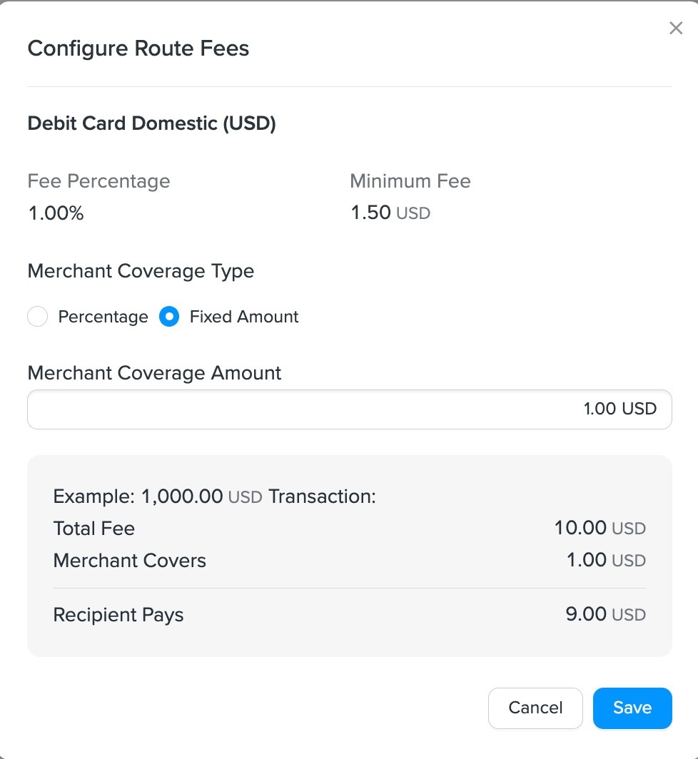 Configure fee coverage for Debit Card Transfer (percentage based fees)